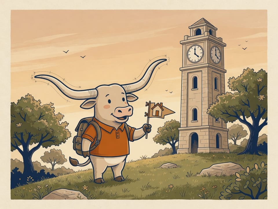 A cartoon longhorn student on a hill holding a house pennant, with a clock tower behind.