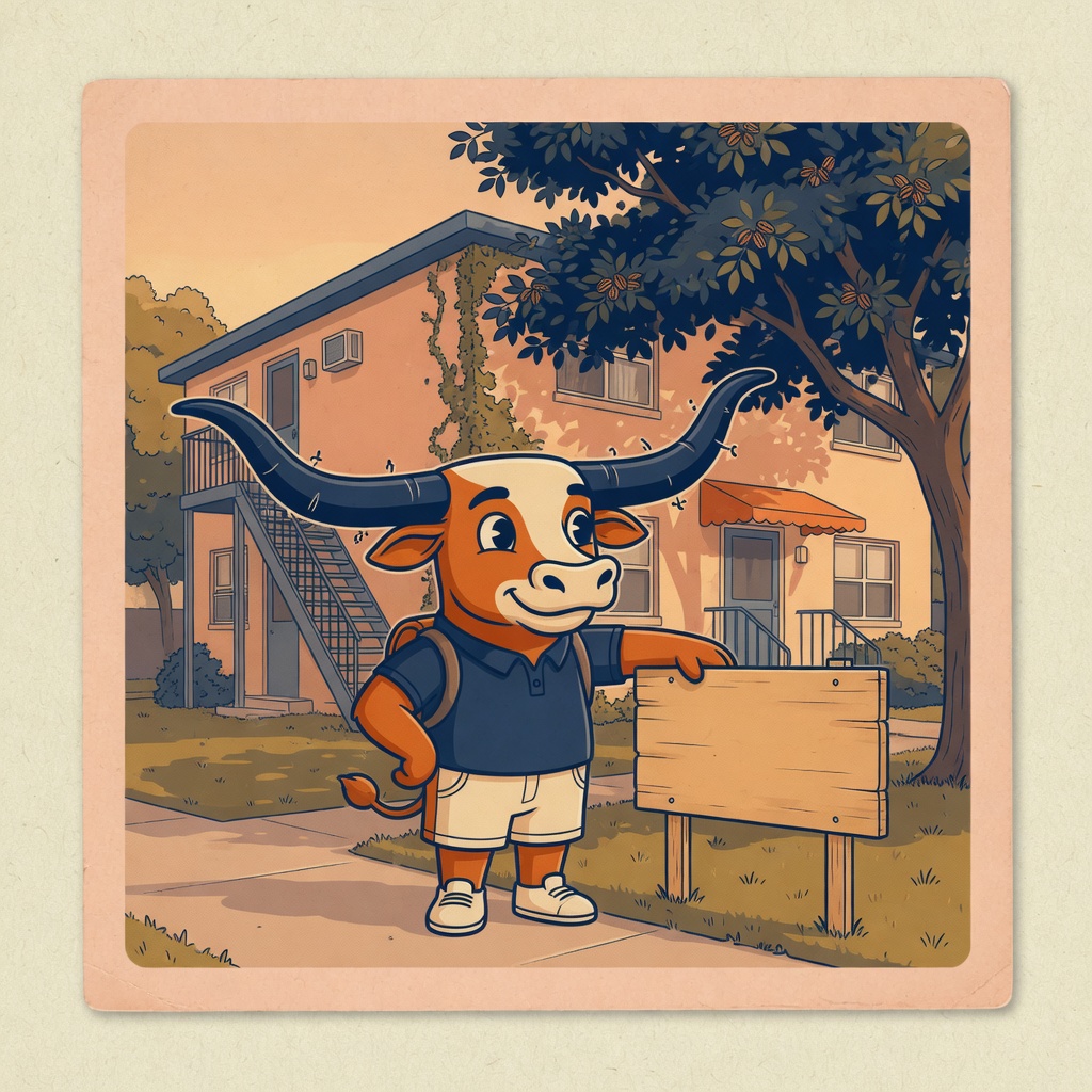A cartoon longhorn in a polo standing in front of a West Campus walk-up, beside a wooden sign that reads Sublease.