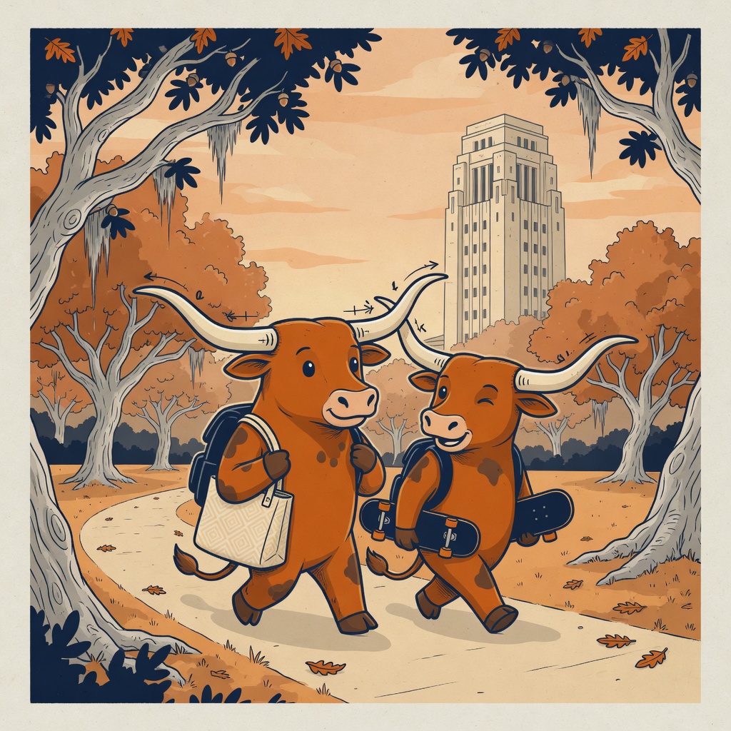 Two cartoon longhorns walking a campus path under live oaks, a clock tower ahead of them.