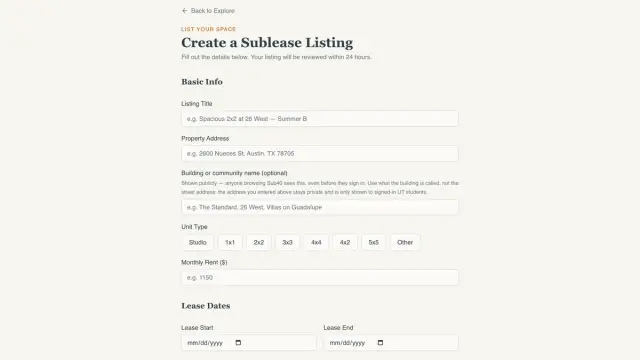 The Create a Sublease Listing form, with fields for the listing title, property address, building name, unit type and monthly rent. A note explains that the street address stays private and is shown only to signed-in users.