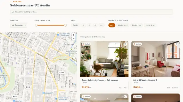 The Explore screen: filters for semester, price, beds and distance to the UT Tower, above a map of West Campus with price pins beside a grid of verified sublease cards.