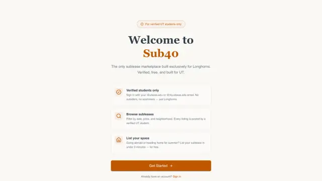 The Sub40 sign-up screen, headed "Welcome to Sub40", explaining how to join Sub40 and Get Started, above a Get Started button.
