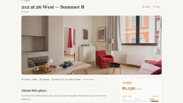 A sublease listing page as a signed-out visitor sees it: the title "2x2 at 26 West, Summer B", the city, a photo of the living room, beds and baths, the walk to the UT Tower, and a $1,150 a month price card.